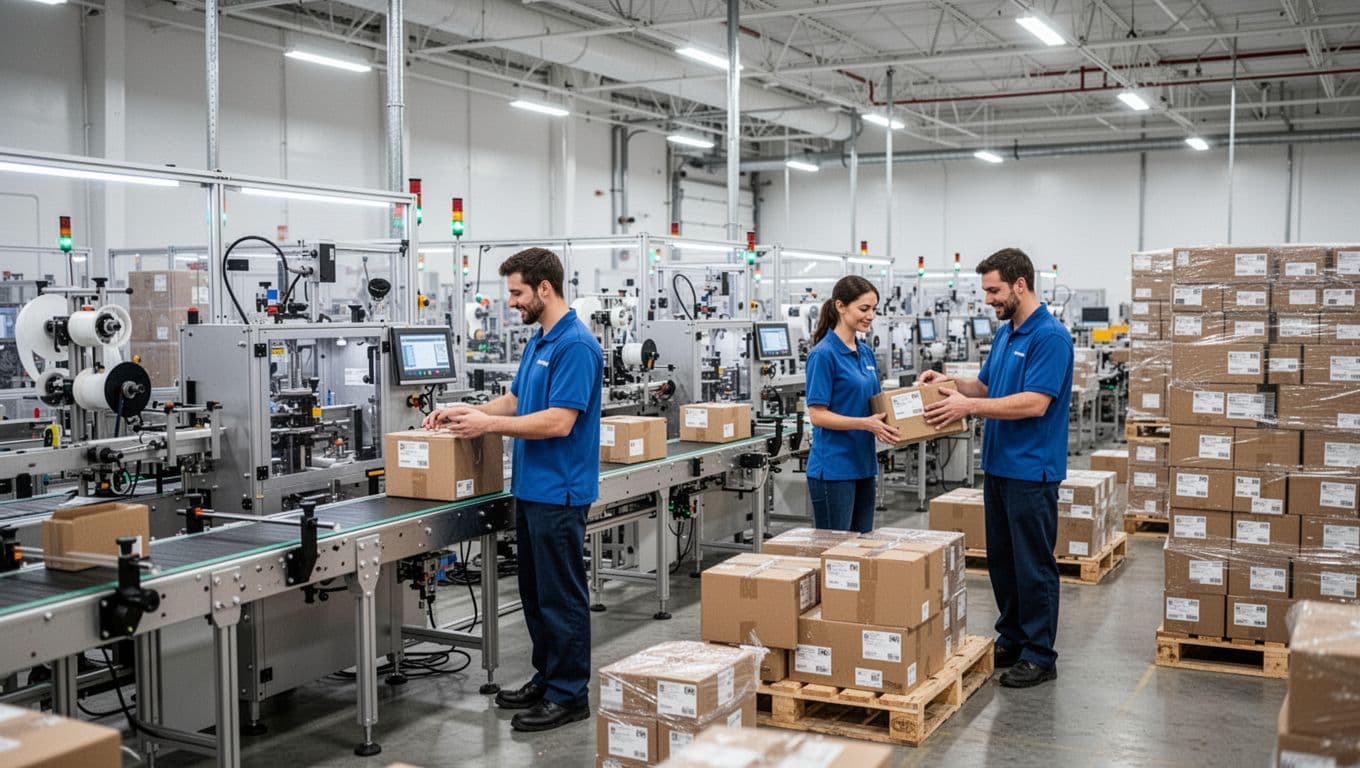 Photorealistic view of a clean modern contract packaging facility with assembly lines, labeling machines, kitting stations, and two workers checking quality on packed boxes amid organized pallets under bright lighting.