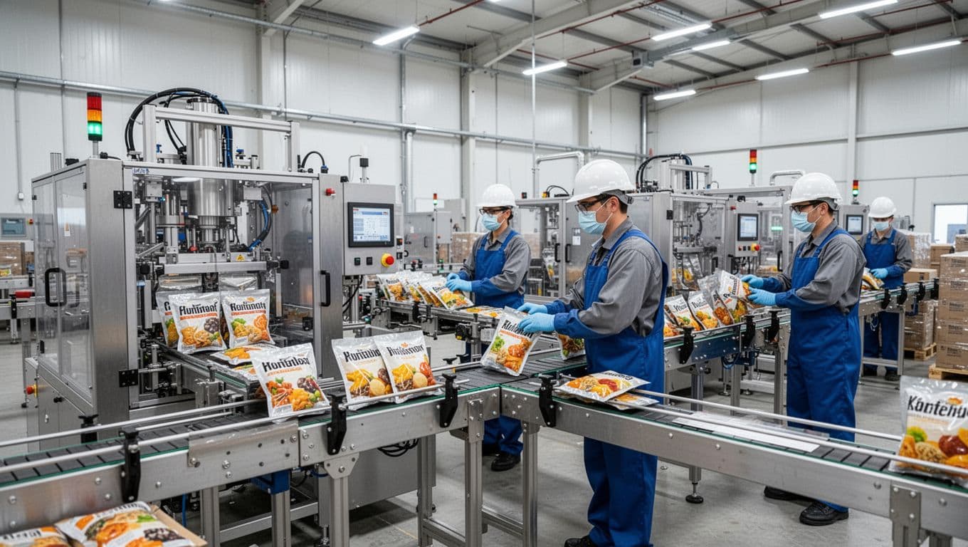 Modern contract packaging line in a spacious clean warehouse, with automated machines filling and sealing pouches, and exactly three workers in safety gear monitoring the efficient product flow on the conveyor.