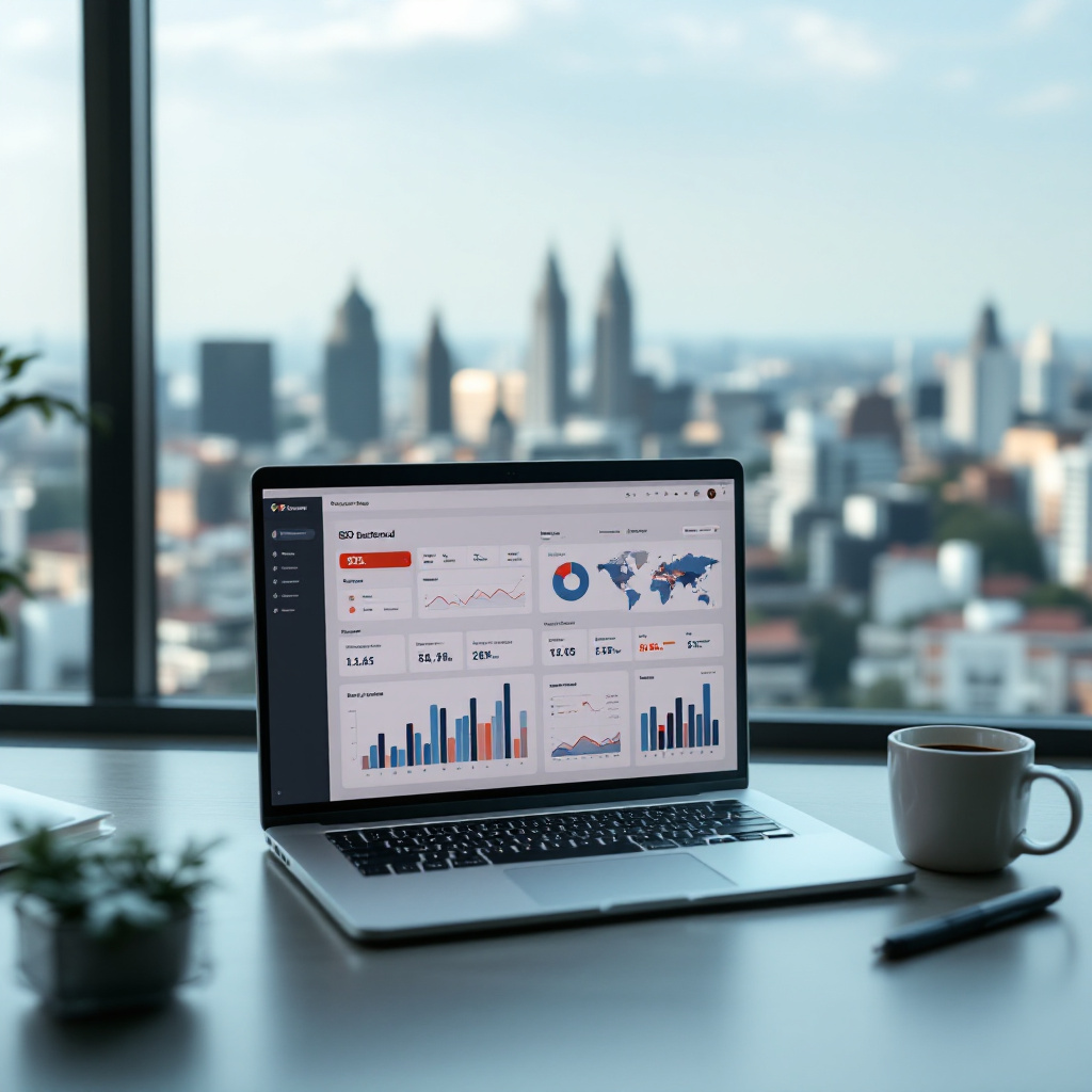 A modern coworking space overlooking the Kolkata skyline, with a laptop displaying an AI-powered SEO dashboard and a confident atmosphere. Image created with AI.