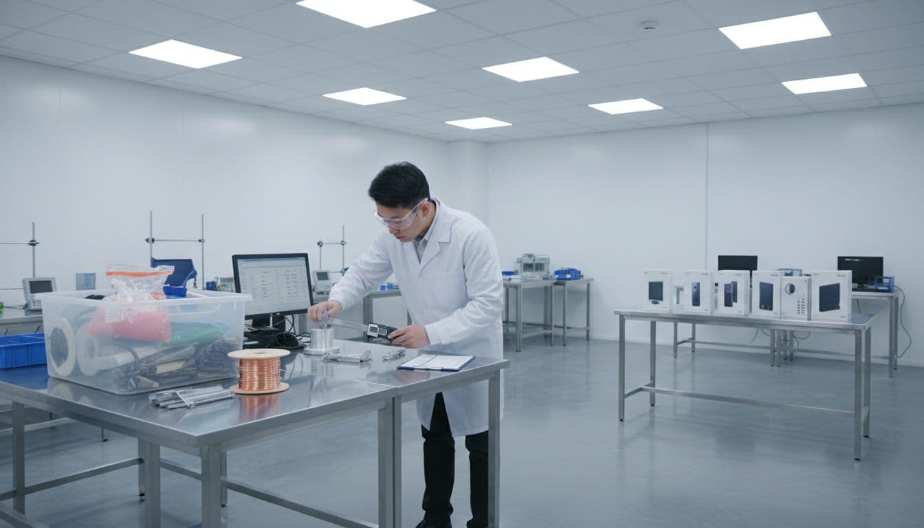 In a clean, organized modern factory quality control area, a single technician meticulously inspects product specifications using testing equipment and checklists, with raw materials and finished goods on nearby tables under bright overhead lighting.