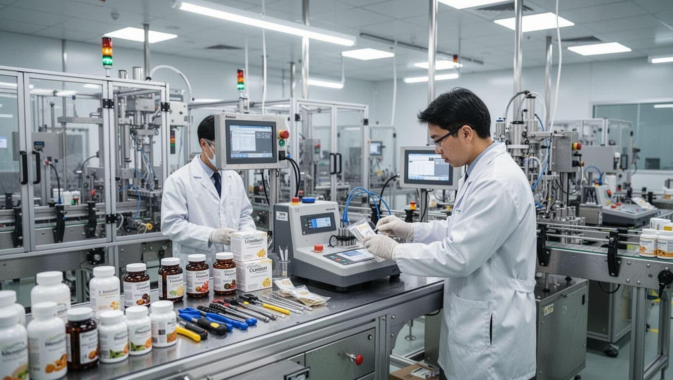 Modern clean factory interior with one technician at a workstation performing quality testing and special packaging on custom regulated products like personal care items or food supplements, featuring organized tools, bright lighting, and professional precision.