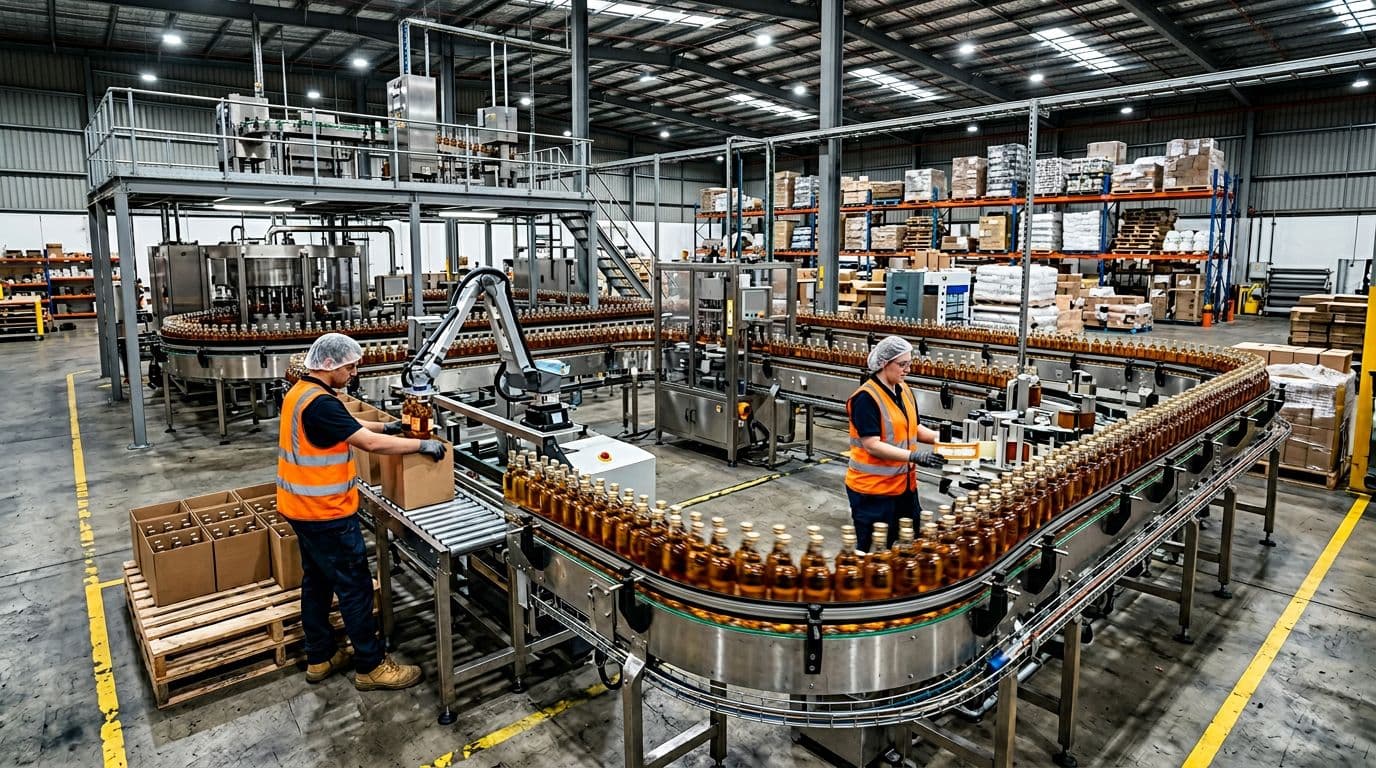 Photorealistic view of a modern FMCG co-packing warehouse with a high-speed conveyor belt production line for beverages, featuring exactly two workers in safety gear overseeing filling, capping, labeling, and case packing stages in a dynamic, efficient workflow under bright industrial lighting.