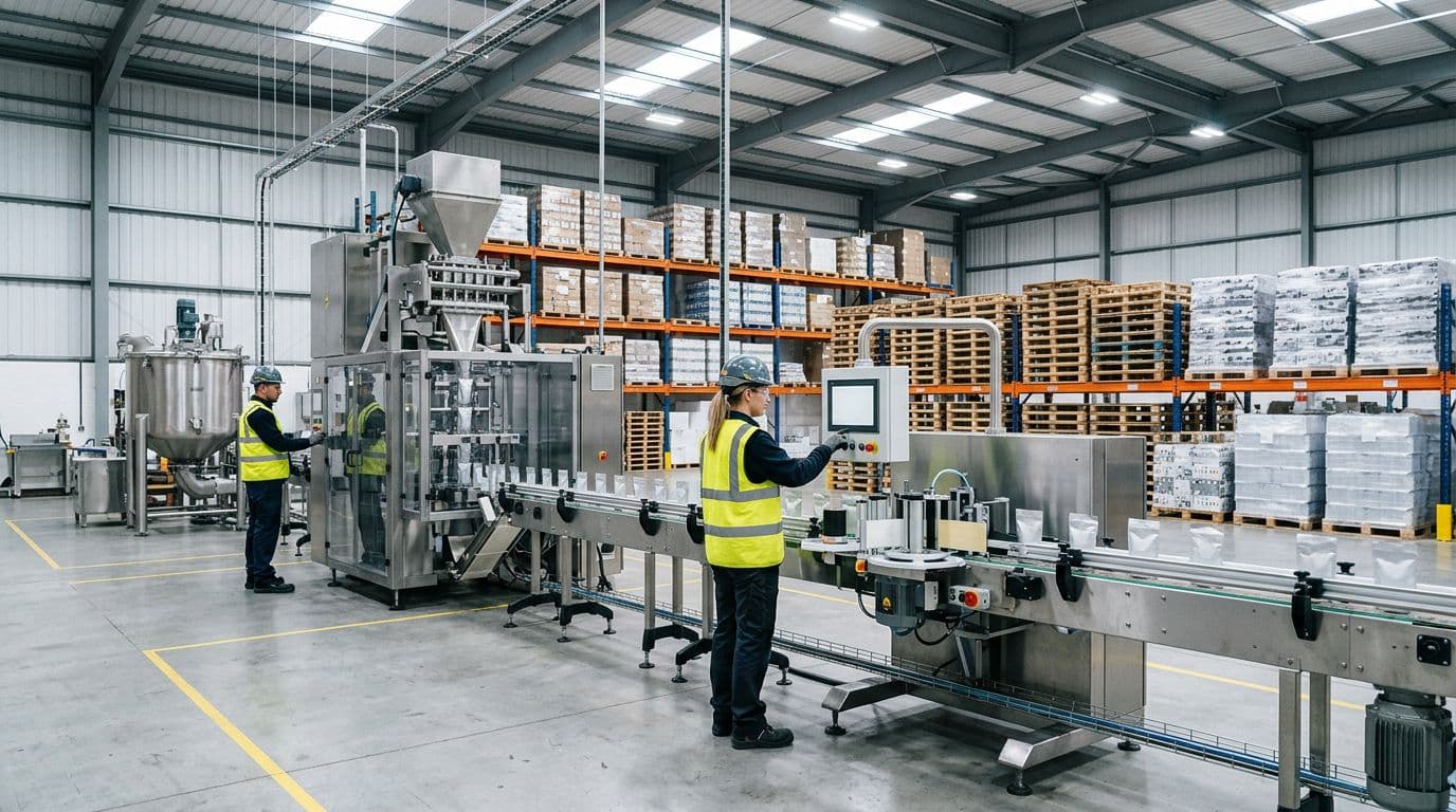 Photorealistic image of a modern FMCG co-packer warehouse with high-end packaging equipment like mixers, fillers, pouching machines, and labeling stations on production lines, staged pallets of materials and finished goods, and exactly two workers in safety gear overseeing operations under bright industrial lighting.