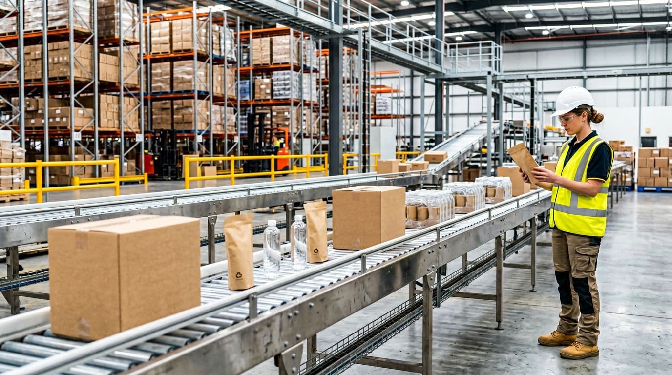 Photorealistic view of a clean, modern FMCG co-packer warehouse featuring sustainable packaging like recyclable pouches, lightweight bottles, and cartons on a conveyor line. One worker in safety gear naturally inspects a recyclable pouch under bright industrial lighting.