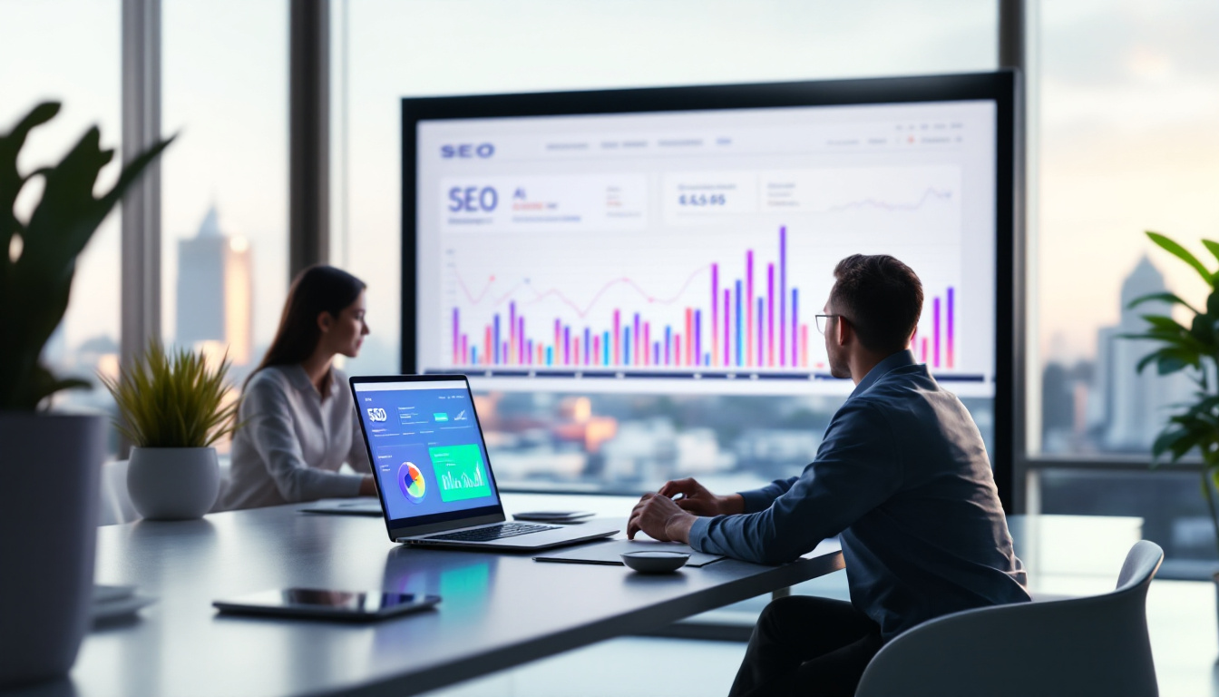 Photo realistic, modern Kolkata office with a laptop displaying a vibrant AI-powered SEO dashboard, two professionals reviewing data at a sleek desk, city skyline of Kolkata visible through a large window, natural daylight, clean minimal workspace, subtle branding colors, high detail, professional and focused mood. Image created with AI.