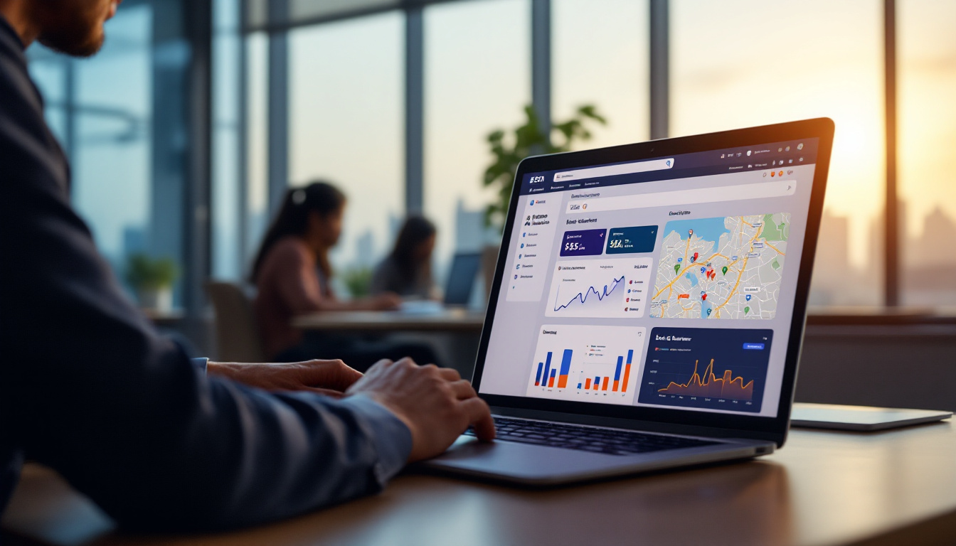 Photo realistic image of a modern Kolkata office with a team collaborating, an AI-powered SEO dashboard on a laptop displaying graphs and maps, and the city skyline in the background. Image created with AI.