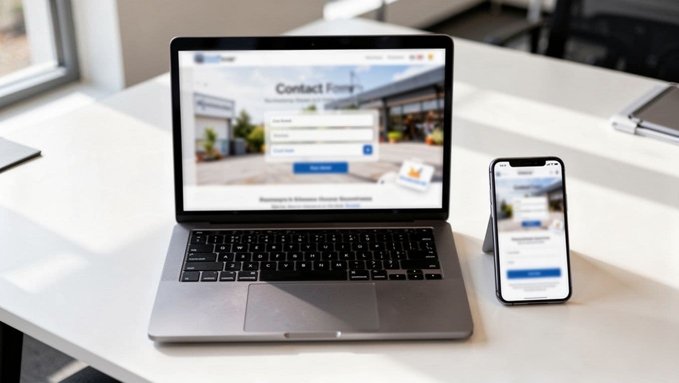 Photorealistic top-down view of a modern laptop and smartphone displaying a blurred simple landing page with contact form on a bright office desk, natural daylight lighting, digital marketing style, no people or readable text.