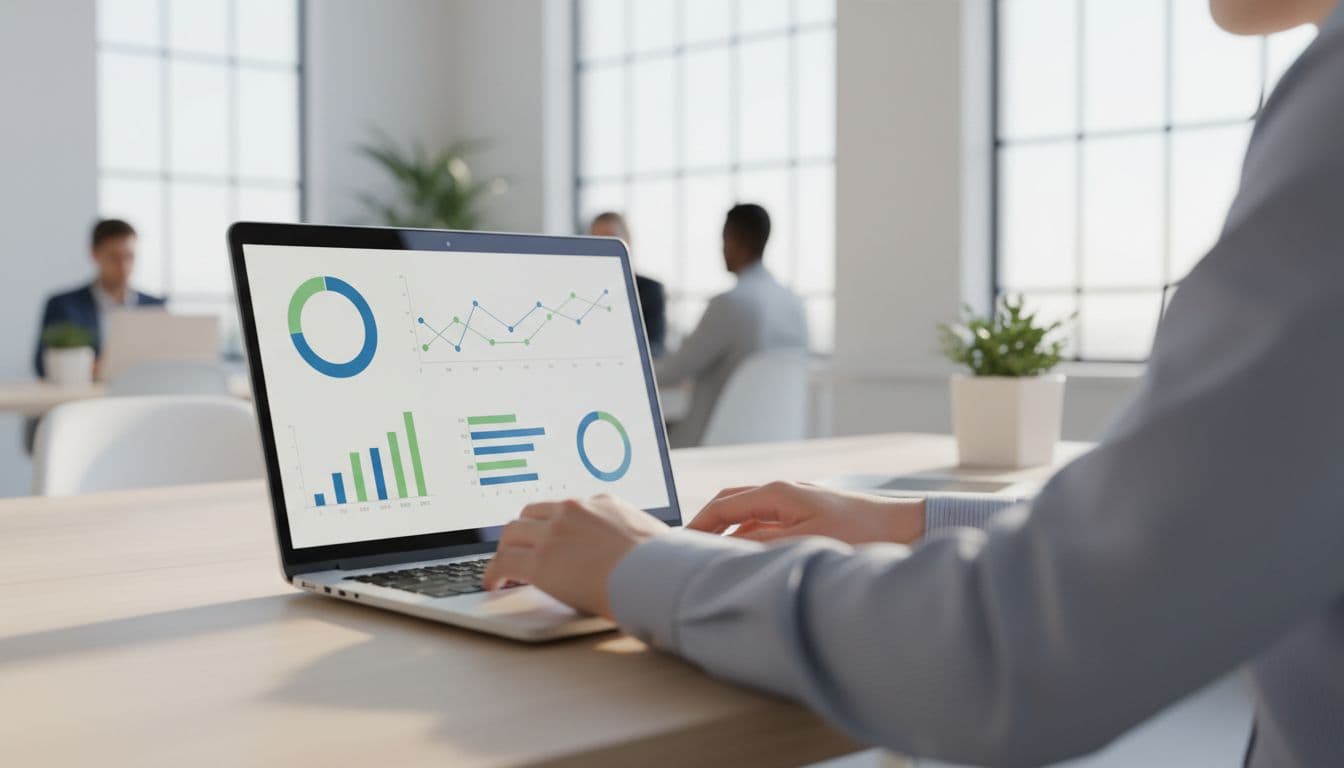 Blurred laptop screen displays simple graphs and charts on a professional dashboard in a bright office with one person using it.