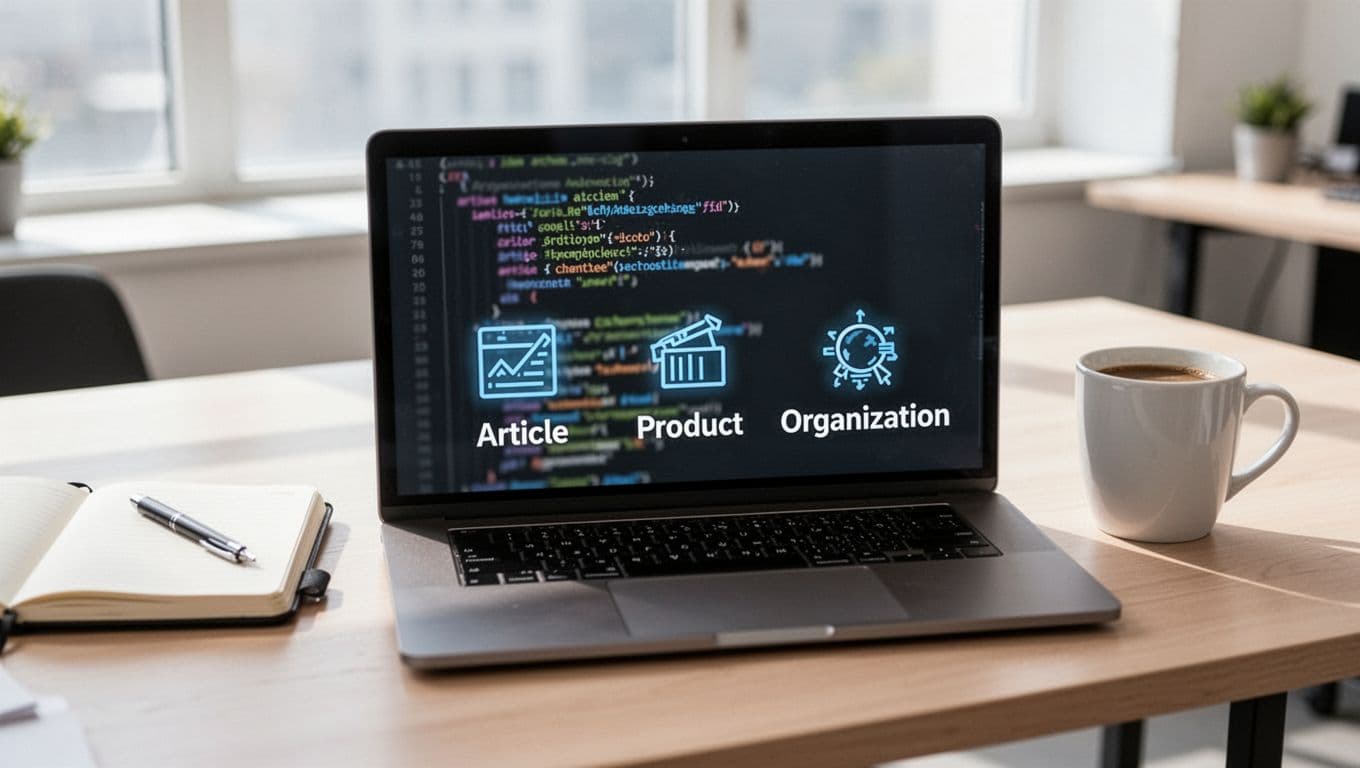 Photorealistic modern office workspace with an open laptop displaying abstract blurred JSON-LD Schema markup code and icons for Article, Product, and Organization types, accompanied by a notebook and coffee mug under bright natural lighting.