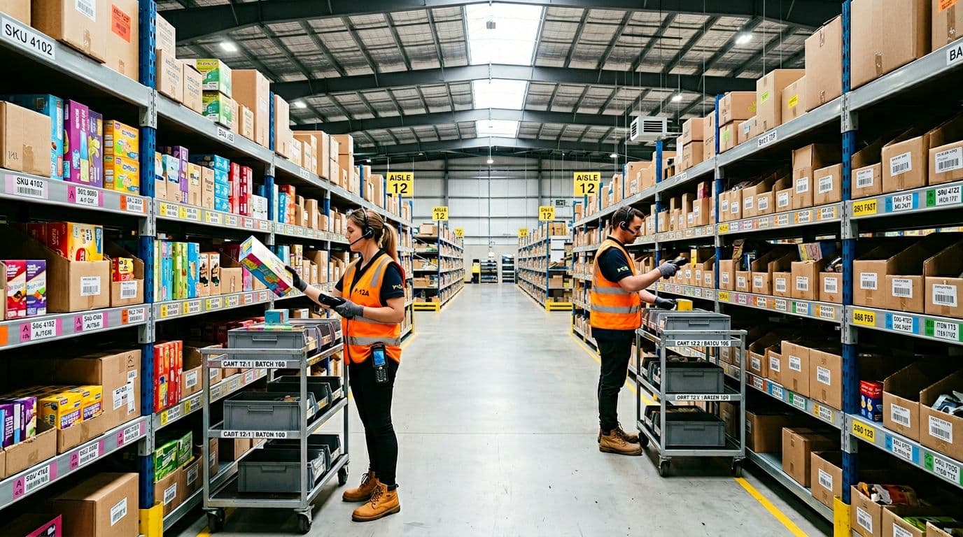 Photorealistic image of a modern warehouse picking aisle optimized with ABC slotting, featuring fast-moving SKUs in front slots at eye level, full pick faces with colorful boxes, and two pickers in high-vis vests using handheld scanners for batch picking in short clear aisles.