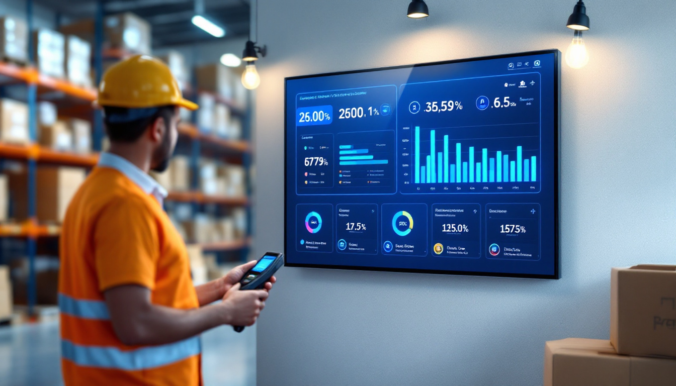 Modern warehouse, staff scanning inventory with a barcode scanner, and a digital dashboard showing real-time stock levels. Image created with AI.