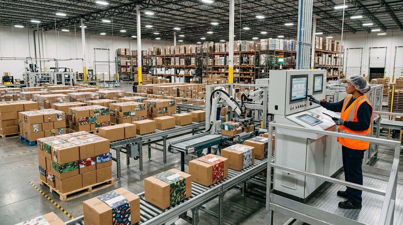 Photorealistic view of a modern warehouse co-packing facility with automated packing lines handling seasonal product bundles in plain cardboard boxes accented by colorful sleeves, conveyor belts with stacked boxes, and one worker in a safety vest at a control panel under bright industrial lighting.