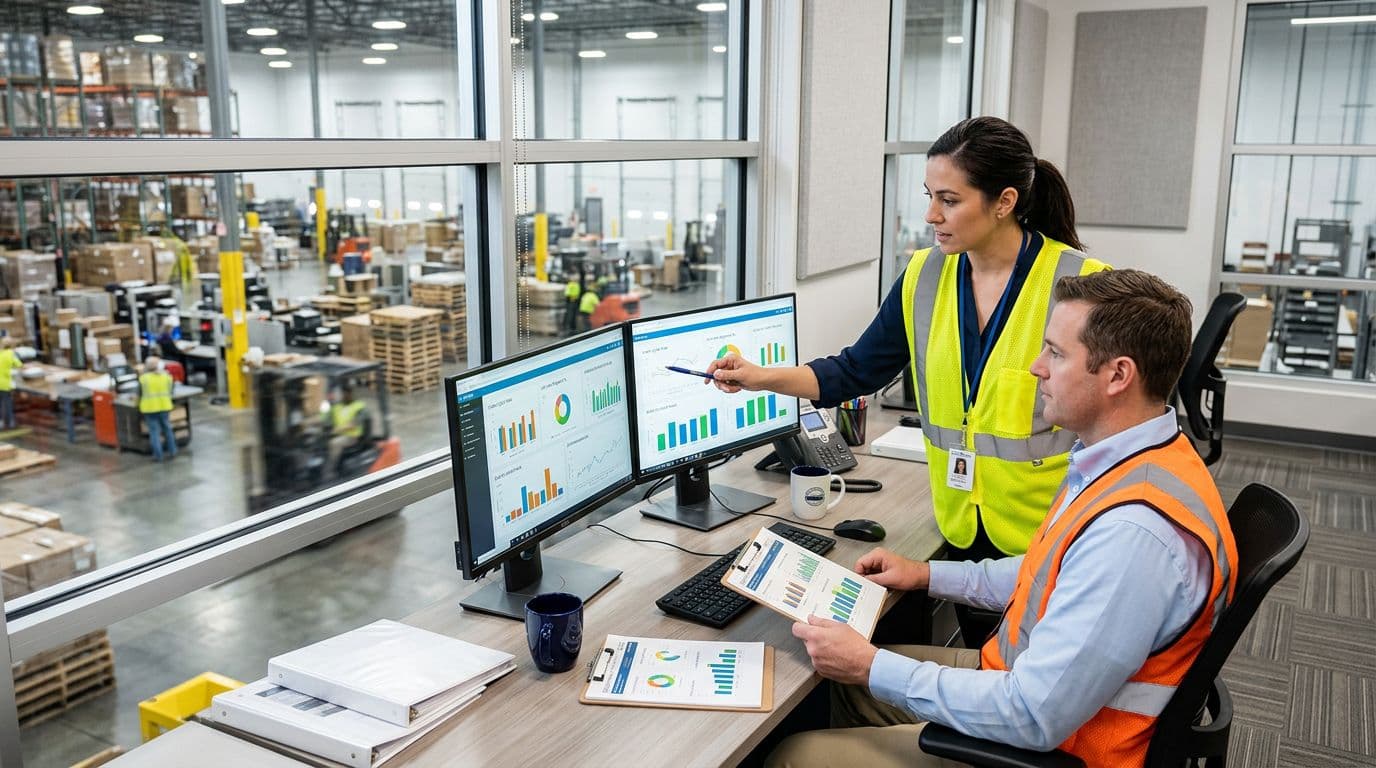 Photorealistic interior of a modern Midwest warehouse control office featuring exactly two workers in safety vests and business casual attire reviewing performance metrics on dual monitors and a printed scorecard. Large windows provide a soft-focus view of the busy packaging floor with pallets and forklifts under bright natural daylight.