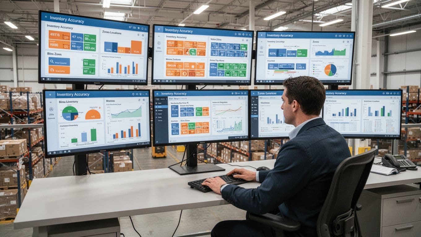 Photorealistic view of a modern warehouse control room with large screens displaying real-time inventory dashboards for bins, zones, and locations. A single supervisor at the central desk analyzes data, overlooking the active warehouse floor below in soft natural daylight.