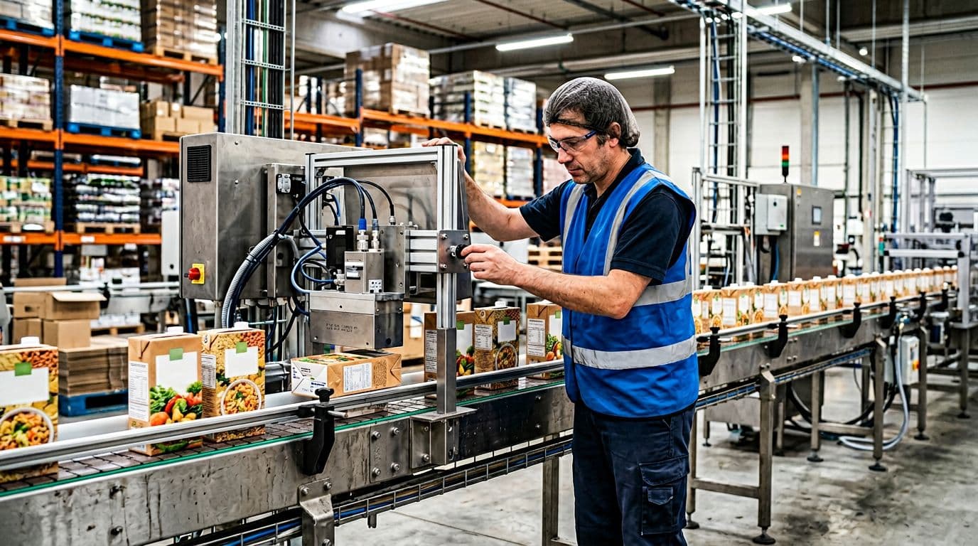 Photorealistic image of a modern warehouse production area with a conveyor belt carrying cartons of food products and an inkjet printer applying batch codes to the cartons, one worker adjusting the machine under bright lighting.