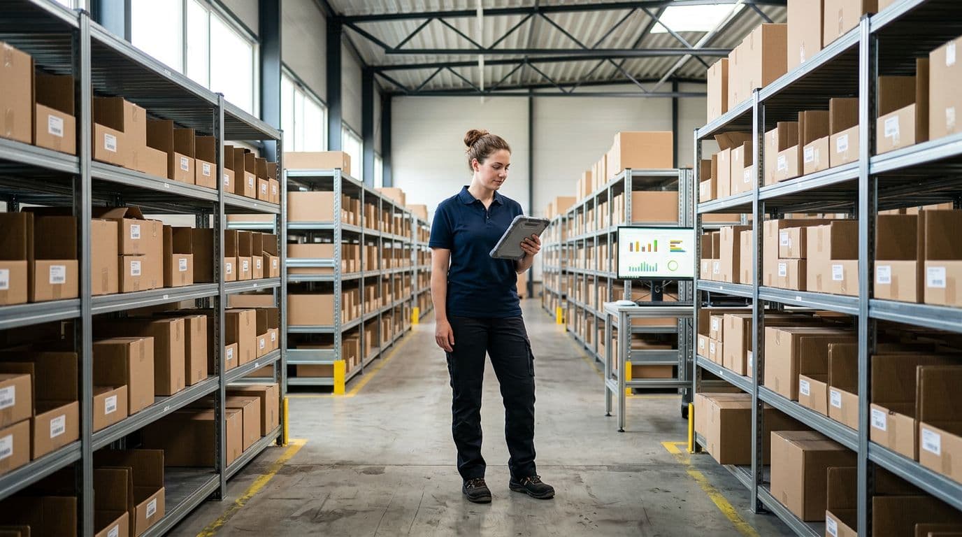Photorealistic image of a bright modern warehouse aisle with neatly organized shelves holding inventory boxes at optimal stock levels, one relaxed worker with tablet checking stock nearby, and a computer displaying colorful inventory charts in the background under natural daylight.