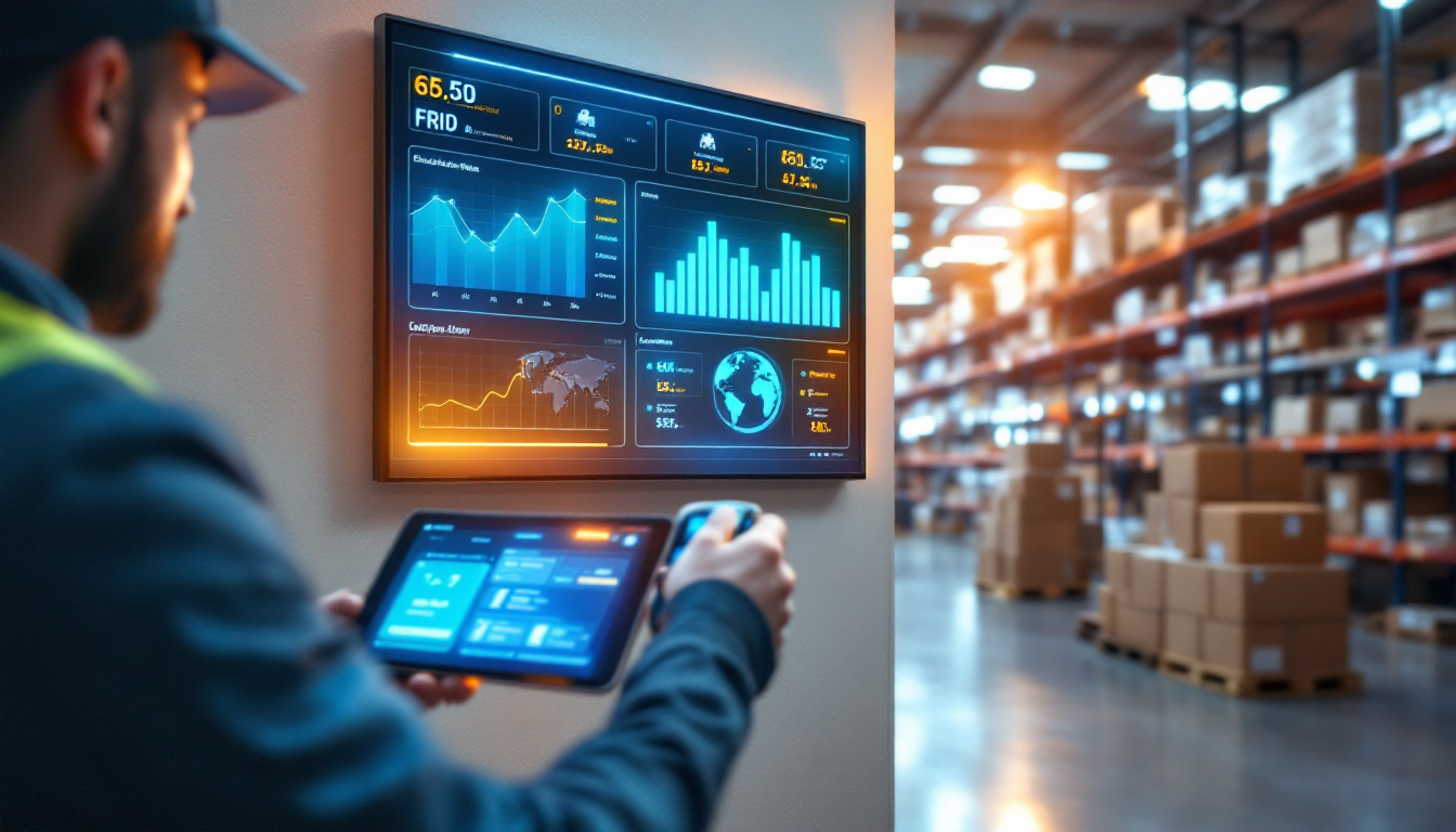 Modern warehouse with real-time dashboard displays, RFID-tagged pallets, and a worker scanning inventory. Technology visually links item movement across locations, symbolizing fast, accurate decision-making. Image created with AI.