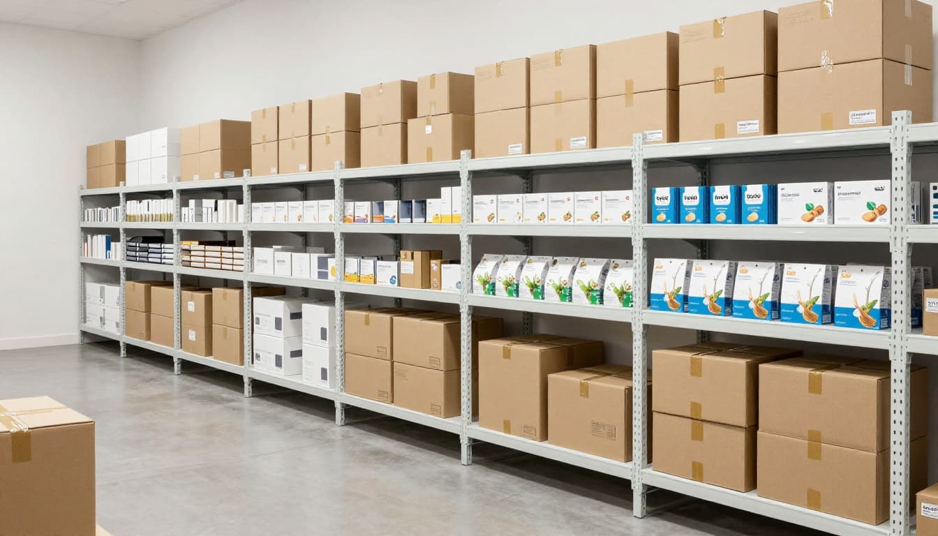 Clean modern warehouse facility featuring exactly two modular shelving units stocked with various custom boxes and packaging materials for different product sizes, types, and seasonal promotions, realistic style with bright even lighting.