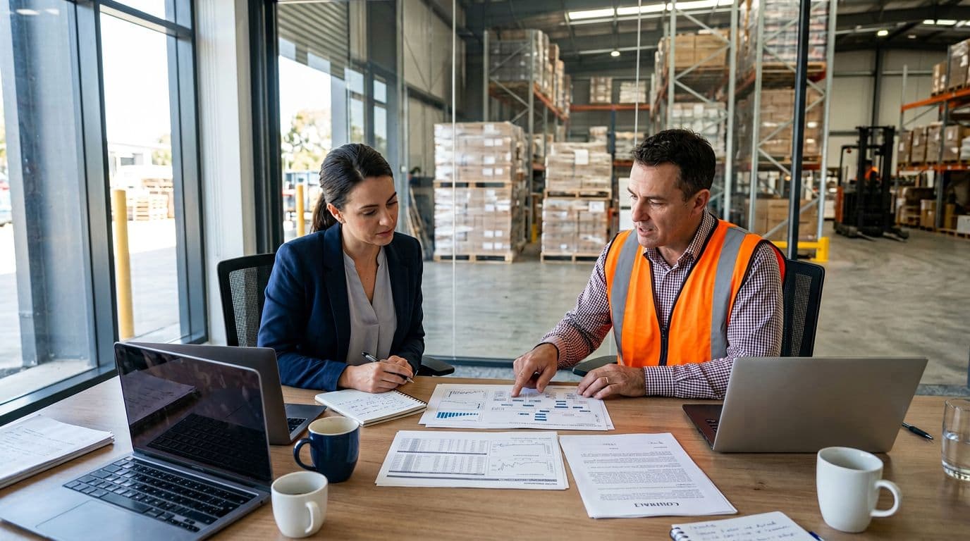 Photorealistic landscape of two professionals—one in business casual and one in safety vest—reviewing printed lot tracking reports, genealogy charts, and contracts at a conference table in a modern warehouse office. Natural daylight from large windows illuminates laptops, coffee mugs, notebooks, and subtle warehouse elements in the background.