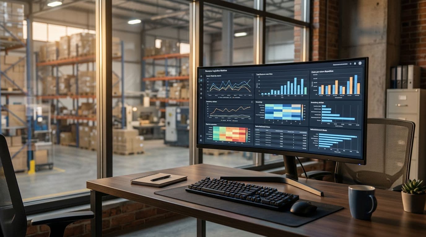 Photorealistic side-angle view of a modern warehouse office with a large monitor on a desk displaying abstract charts and graphs for reverse logistics metrics like return rates and costs, under warm ambient lighting from a window.