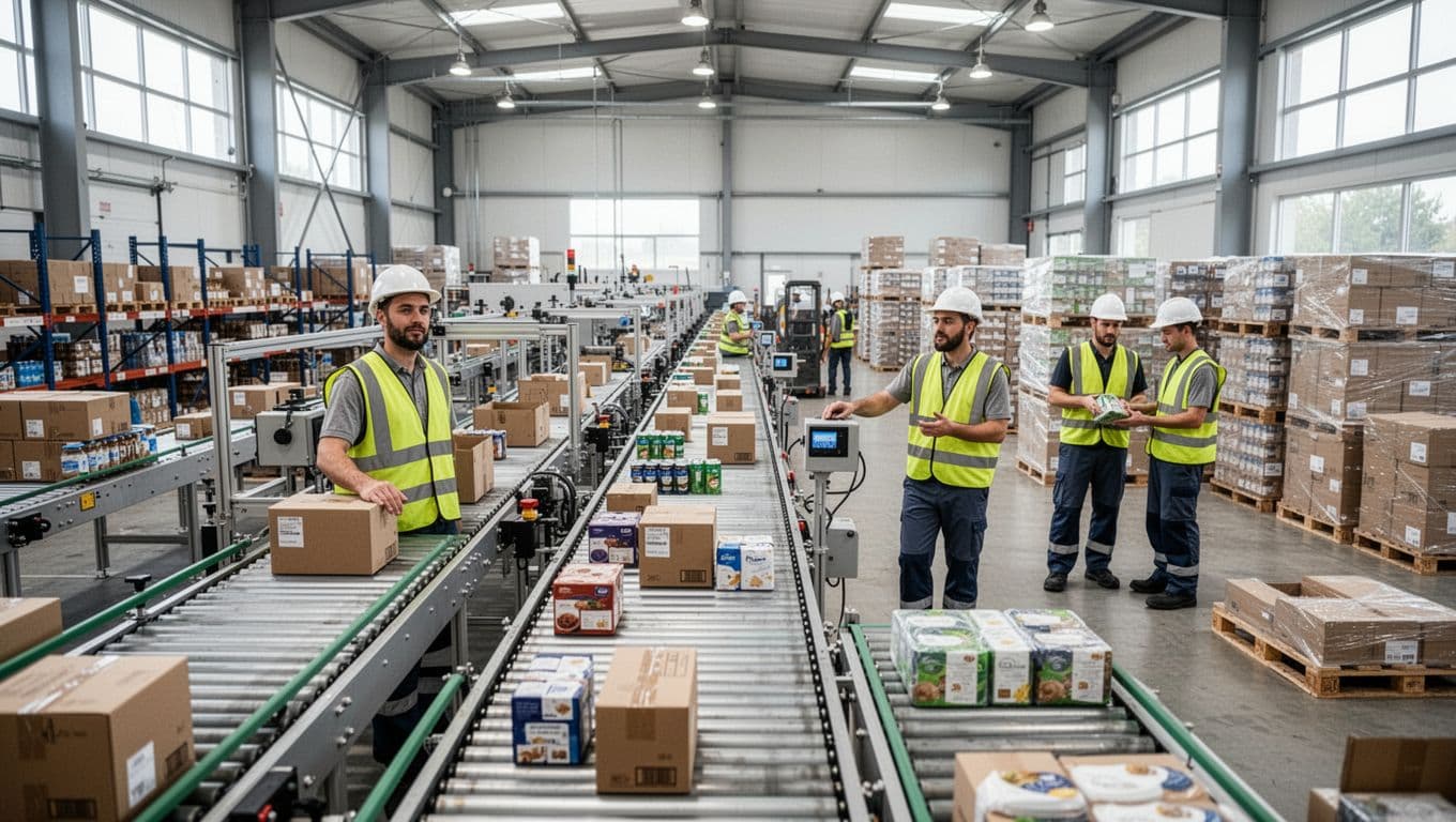 Modern warehouse interior depicting a busy packaging production line with conveyor belts transporting boxes and products, three workers in safety gear organizing pallets nearby, captured in wide landscape composition under bright natural daylight from large windows.