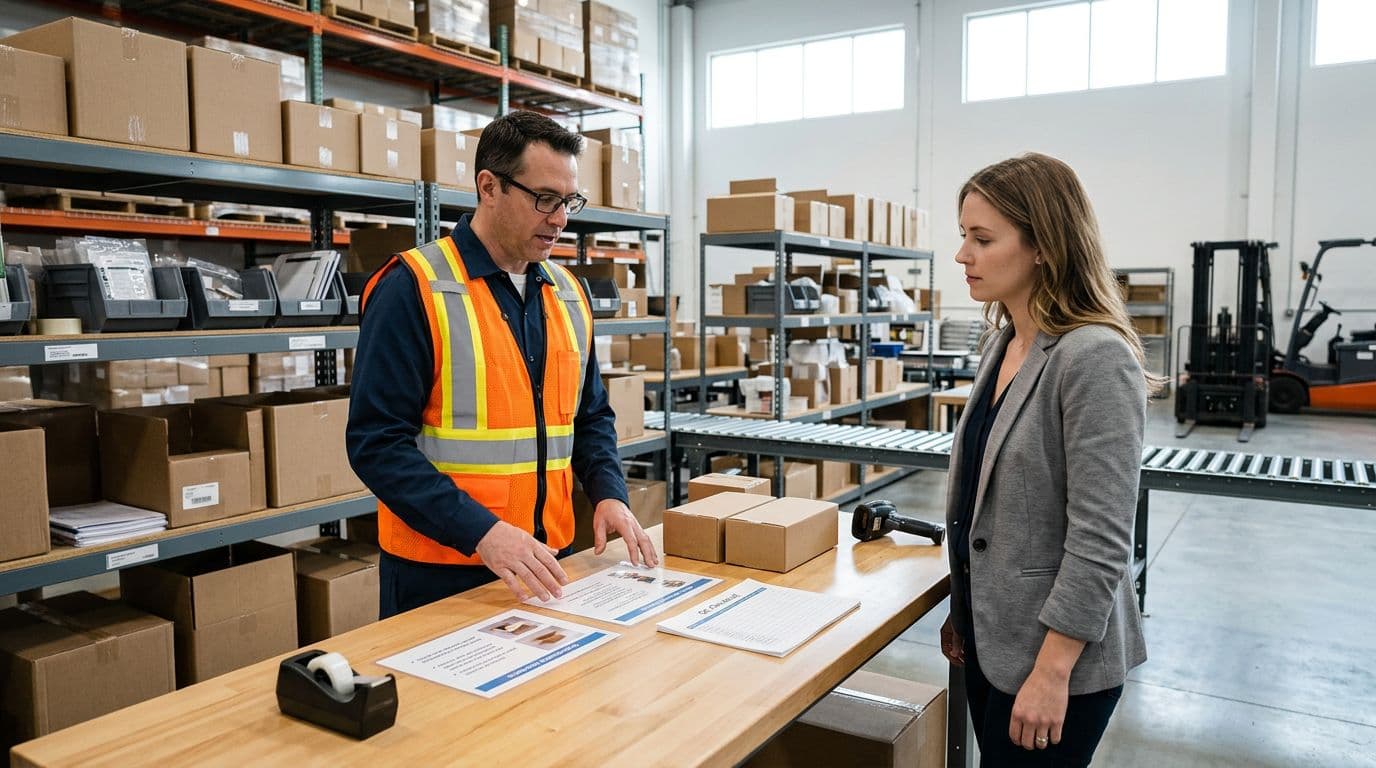 Photorealistic view of a trainer in safety vest showing packing instructions, QC checklist, and sample boxes to a standing client at a clean packing station, with organized background shelves.