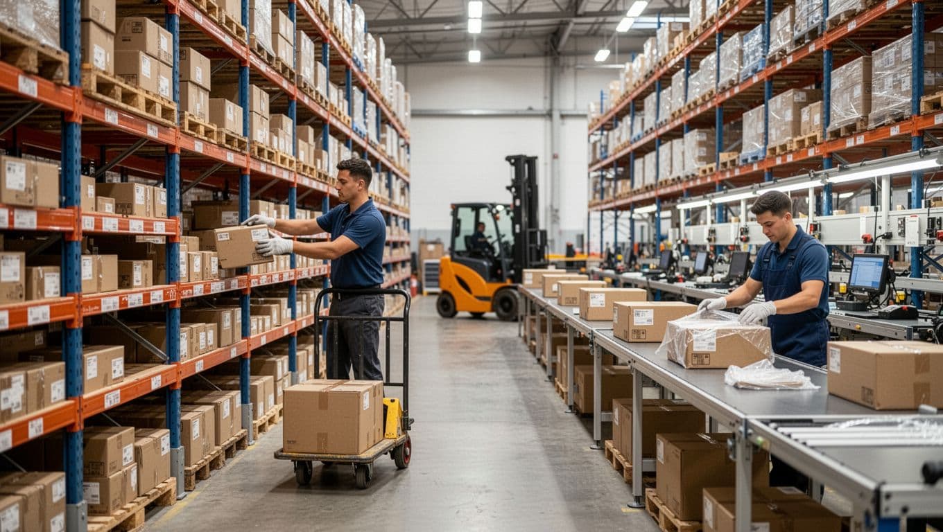 Busy modern warehouse with organized inventory shelves full of boxed products, one worker picking items from shelf using hand truck, another at packing station sealing boxes, forklift in background.
