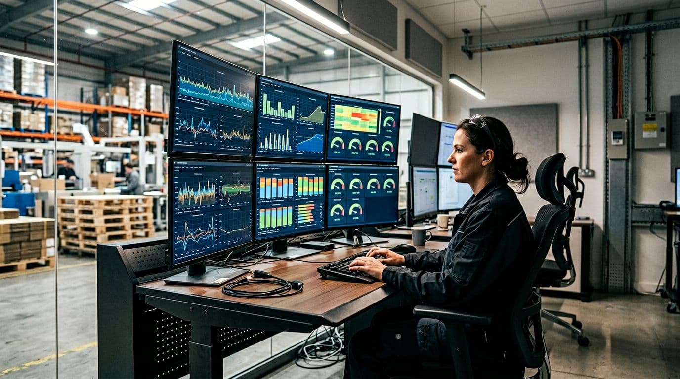 Photorealistic view of a modern industrial warehouse quality control room with large digital screens showing abstract charts and graphs for packaging QA metrics, featuring exactly one operator seated at a console with hands on keyboard reviewing data under soft overhead lighting.