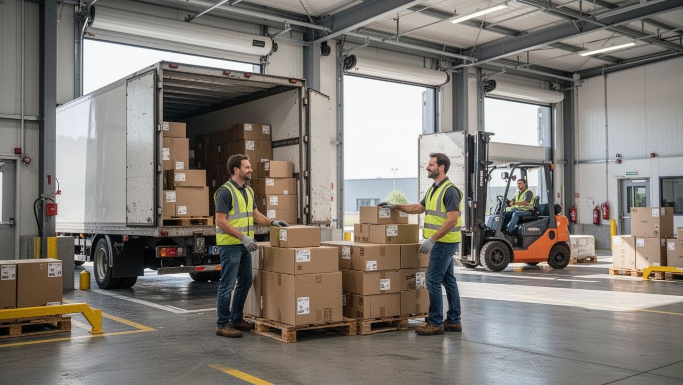 Photorealistic scene of two workers unloading cardboard boxes from a delivery truck onto pallets at a modern warehouse receiving dock, with a forklift in the background under natural daylight.