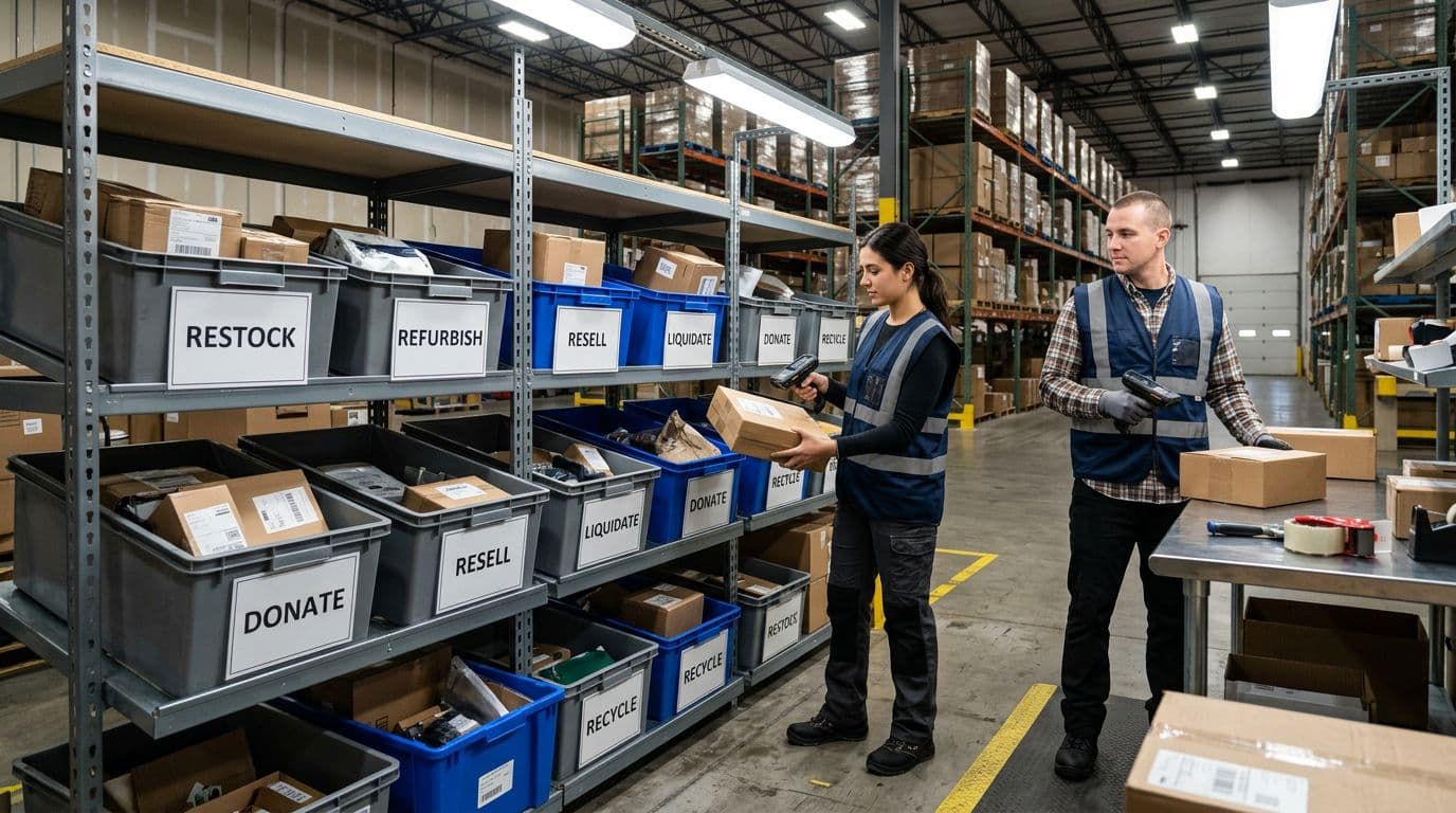 Photorealistic image of a modern warehouse returns processing area with returned packages sorted into clearly labeled bins for restock, refurbish, resell, liquidate, donate, and recycle on metal shelves under bright overhead lights, featuring exactly two workers in vests holding scanners in relaxed poses.