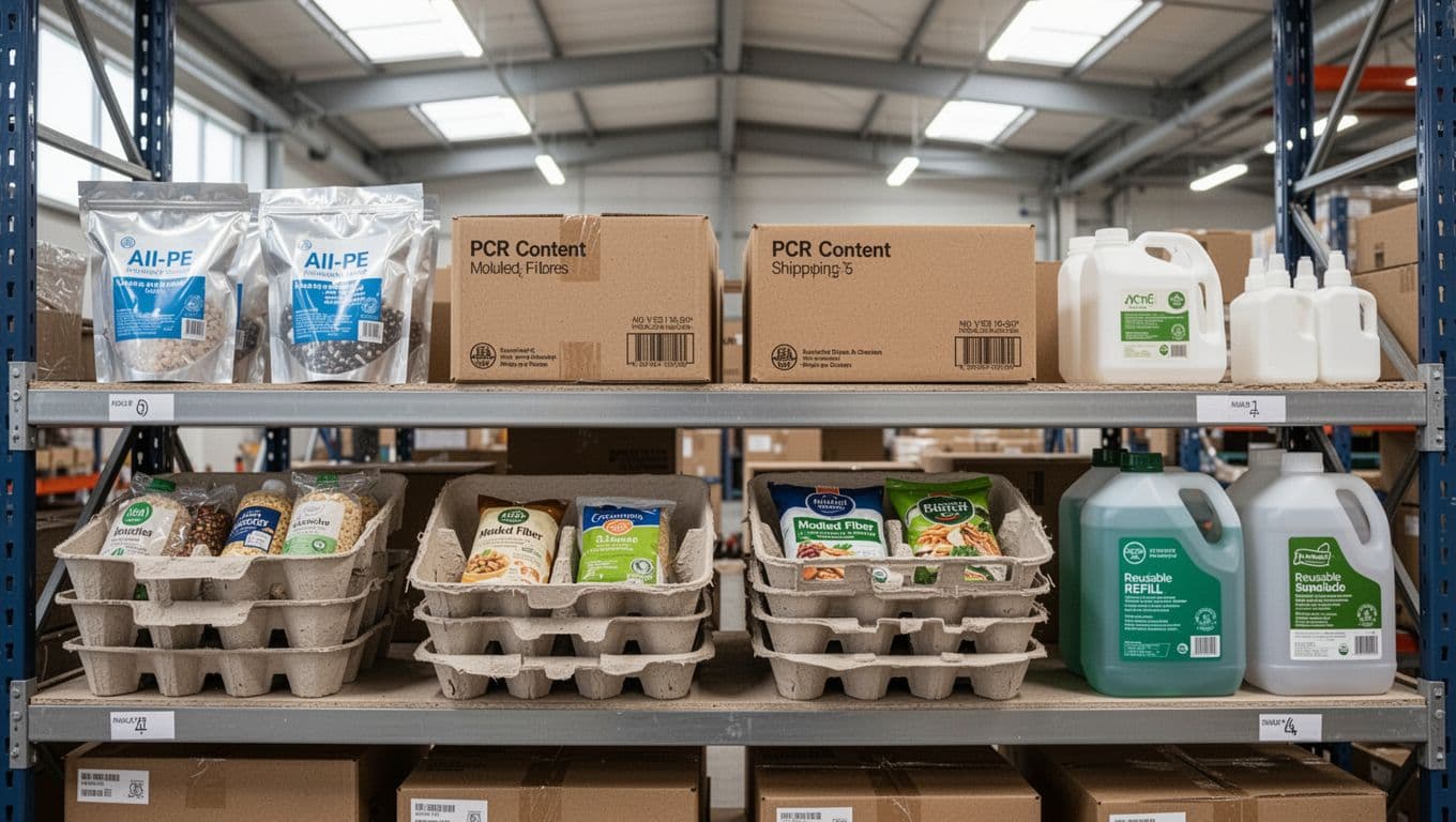 Photorealistic warehouse shelf in a modern facility showcasing sustainable packaging: all-PE pouches, PCR shipping boxes, molded fiber trays with products, and reusable refill containers, two of each neatly arranged under bright natural lighting.