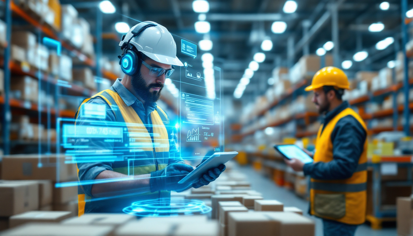 Photo realistic image of a modern factory warehouse for electronics assembly. A worker wearing a rugged headset uses Leanafy WMS voice-picking for kit assembly. A holographic overlay displays pick lists and real-time counts, with a supervisor nearby using a dashboard on a tablet. Image created with AI.