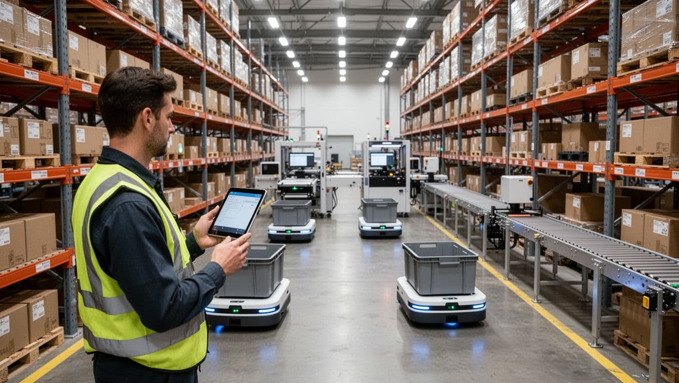 Photorealistic view from a relaxed worker's perspective in a modern flexible warehouse, holding a tablet while supervising two autonomous mobile robots transporting gray bins along wide aisles lined with adjustable high-density shelves stocked with boxes, with a print-and-apply station and conveyor in the background under even LED lighting.