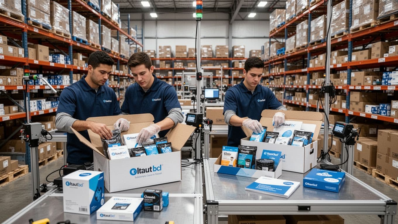 In a modern warehouse, two workers carefully assemble complex subscription bundles and promo kits at dedicated stations, placing multiple products into custom boxes with branded inserts, with organized shelves of SKUs in the background.