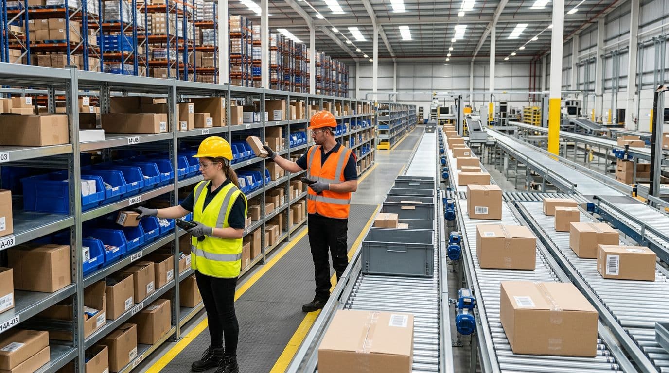 Photorealistic view of a modern warehouse interior where two workers in safety gear efficiently pick items from organized shelves, with conveyor belts handling boxes under bright overhead lighting.