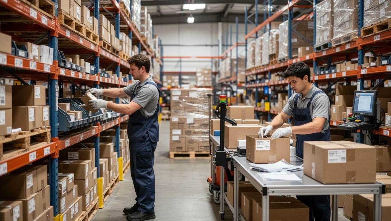 Two workers in a busy modern fulfillment warehouse handle high-volume orders: one picks items quickly from organized shelves, the other packs and seals boxes for fast shipping amid pallets and racks.