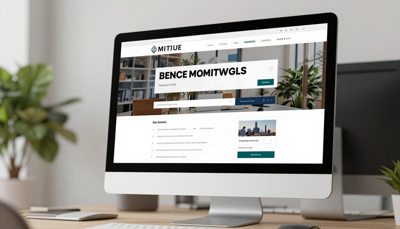 Clean modern webpage displayed on a desktop computer screen showing structured content with headings, lists, and tables in an office environment with plants. Photorealistic digital marketing style with soft overhead lighting, exactly one tilted monitor, no people or readable text.