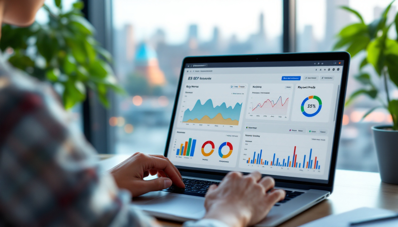 Photo realistic scene: A modern workspace with a laptop displaying a dynamic AI-powered SEO dashboard, a person analyzing data, and the Kolkata skyline through a window. Vibrant, detailed, and professional atmosphere. Image created with AI.