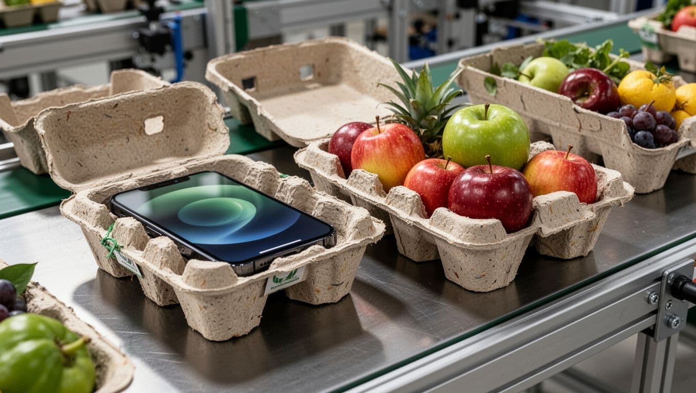 Close-up of molded fiber pulp trays and plant-based protective packaging cradling fragile electronics and produce on a production line table, natural daylight, realistic industrial photography style.