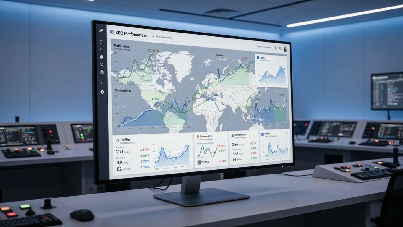Large monitor in modern control room shows dashboard with graphs and maps of SEO metrics segmented by store locations under cool blue lighting.