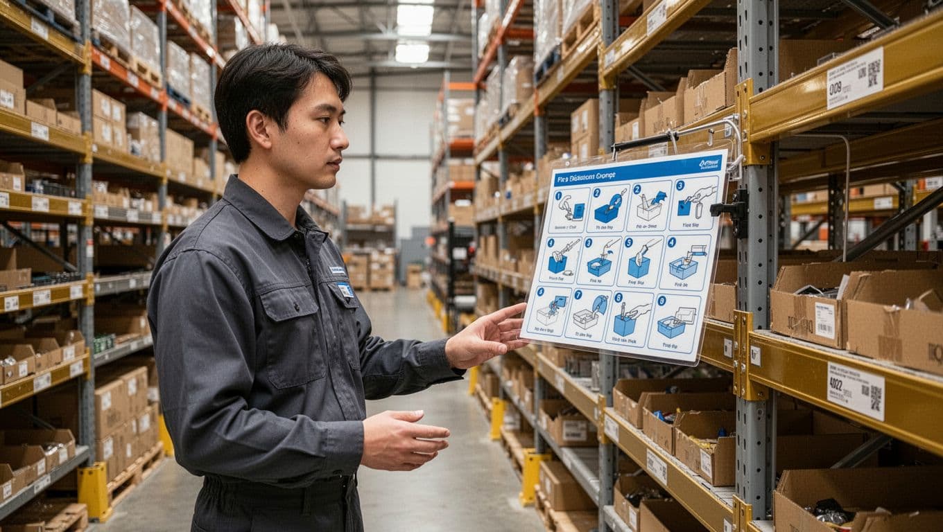 A new warehouse hire stands at the pick shelf referencing a laminated visual work instructions sheet with simple icons mounted nearby in a modern warehouse aisle with golden zone shelves under natural daylight.
