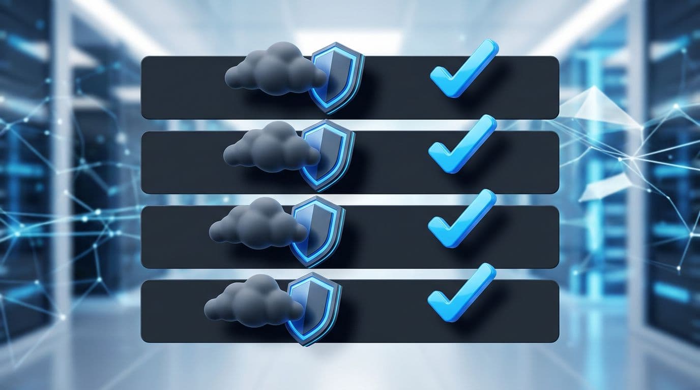 3D shield icons block incoming doubt clouds while checkmark approvals emerge, arranged as an FAQ or objection list on a digital panel in a secure digital environment.