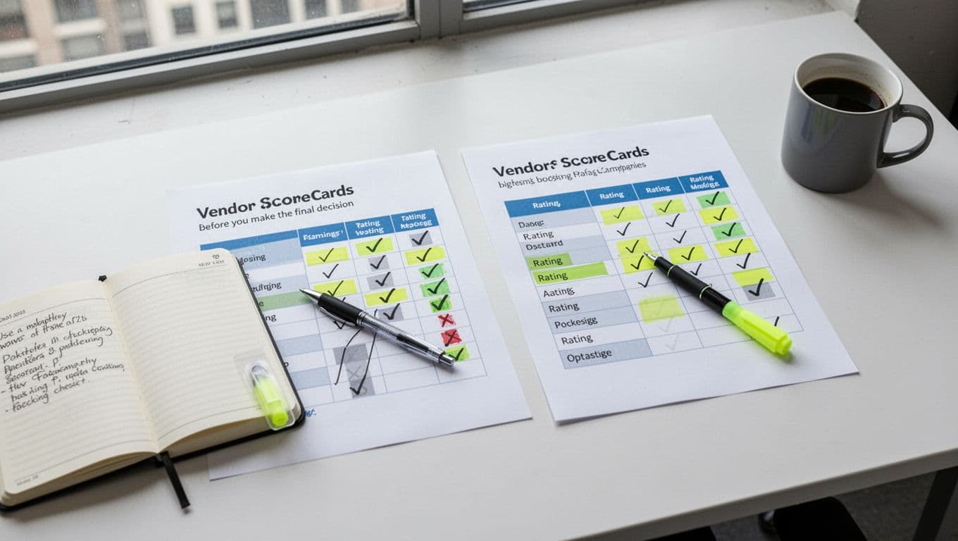 Top-down view of a clean modern office desk featuring two side-by-side printed scorecards for packaging companies, with rating charts, checkmarks, highlighter marks, a resting pen, open notebook, and coffee mug in natural daylight.