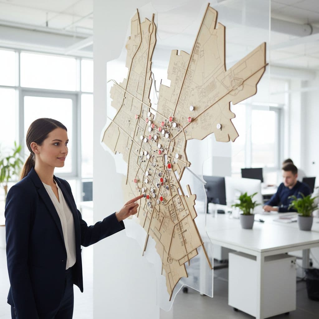 Person points to wall map with pins marking neighborhoods in bright clean office.
