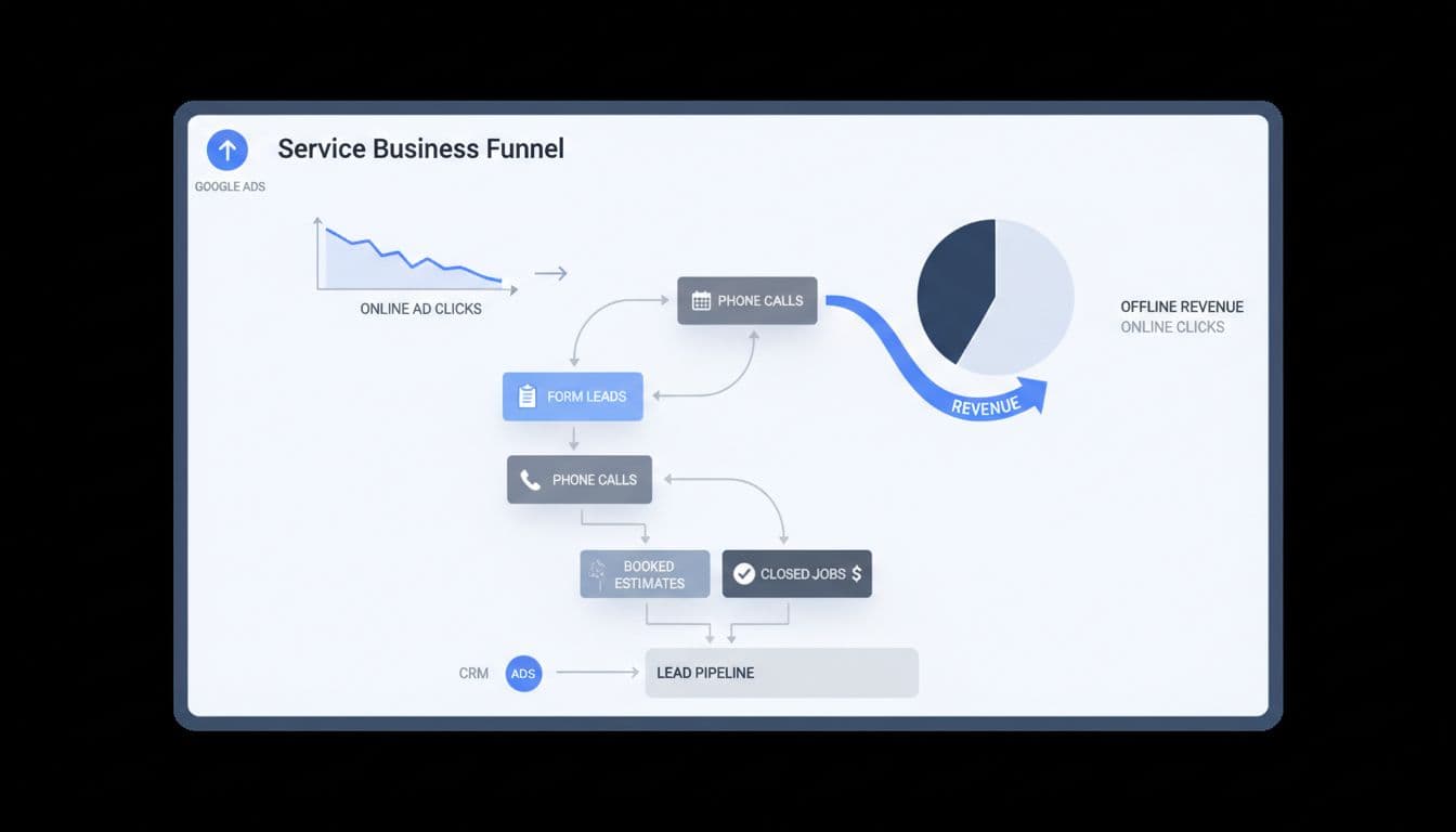 Clean modern illustration of a service business dashboard depicting online ad clicks funneling into offline revenue through form leads, phone calls, booked estimates, and closed jobs.