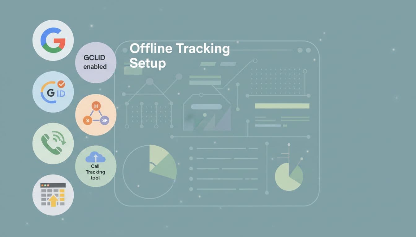 Clean modern illustration of prerequisite icons for offline tracking setup, featuring Google Ads account, GCLID, CRM like HubSpot or Salesforce, call tracking tool, and spreadsheet, arranged in a checklist on a tech dashboard background.