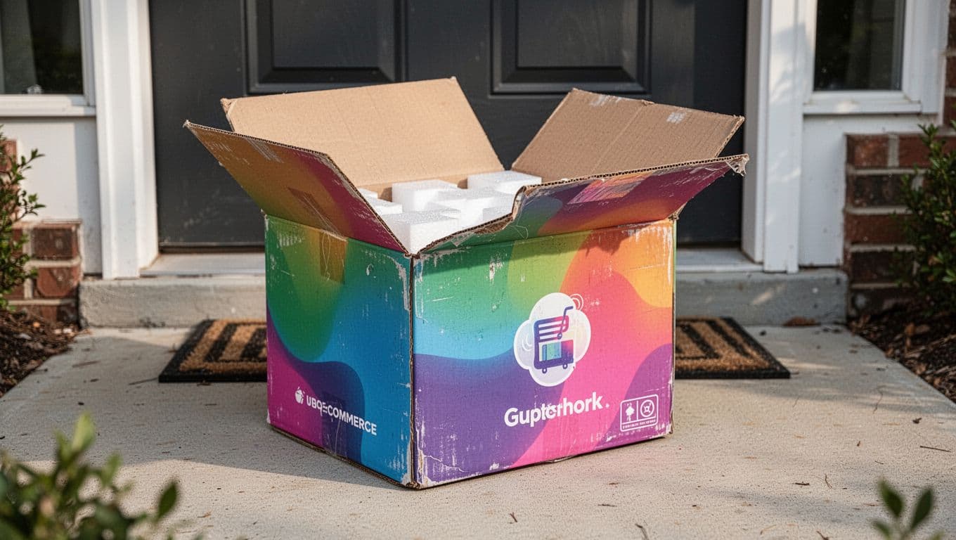 Sturdy custom e-commerce shipping box in vibrant on-brand colors with protective interior cushioning visible through open top, placed on a home doorstep after delivery showing minor realistic wear but intact and appealing for unboxing. Landscape composition in outdoor daylight with natural lighting, realistic photography style.