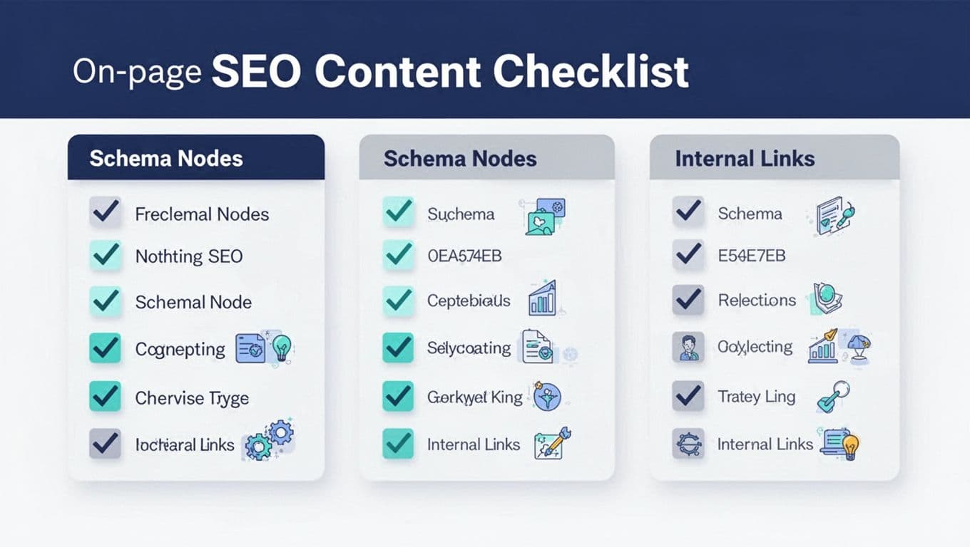 Professional isometric flat hybrid style on-page SEO checklist with checkmarks, headings, schema nodes, and internal links icons for B2B service businesses. Features high-contrast design, deep blue, teal, and warm gray palette, ample white space, soft shadows, and crisp edges; landscape 16:9 format with no people or text.
