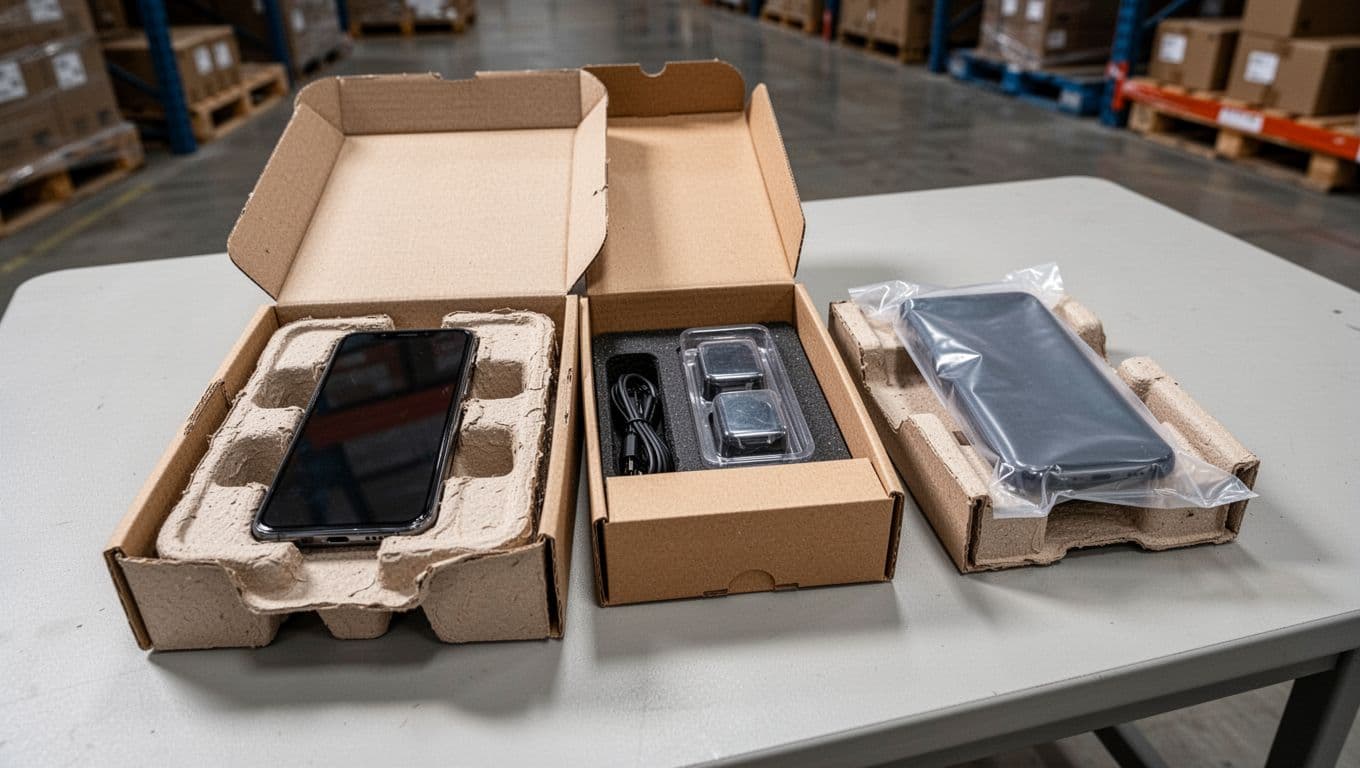 Three examples of opened packaging for fragile electronics on a plain warehouse table under natural light, including a smartphone in molded fiber insert within a corrugated box, a small kit box with blister pack and foam cushioning, and a gadget in a flexible protective sleeve.