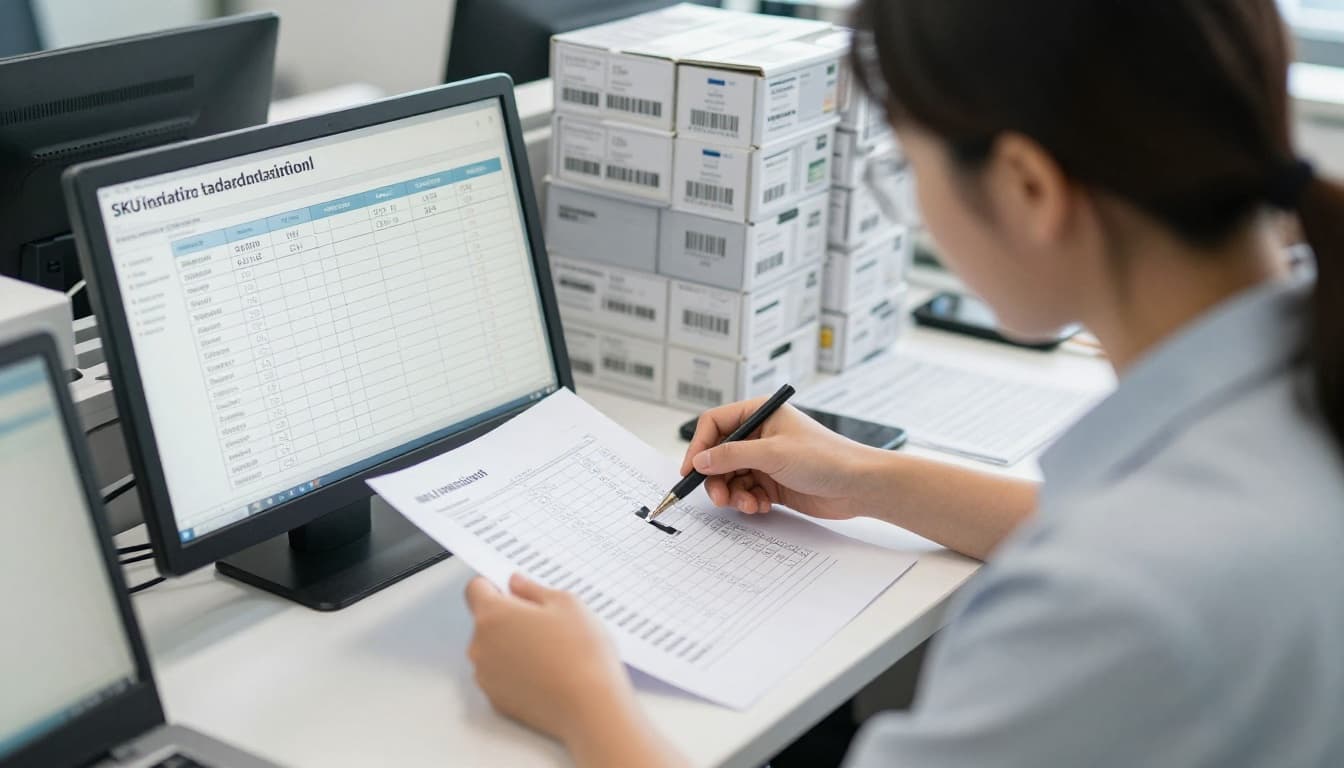 Operations manager in a bright office reviews SKU barcode and inventory rules on a tablet device before first shipment arrives, with desk showing sample barcode labels, units of measure notes, and case packs; natural daylight, realistic photo, focus on preparation workflow.